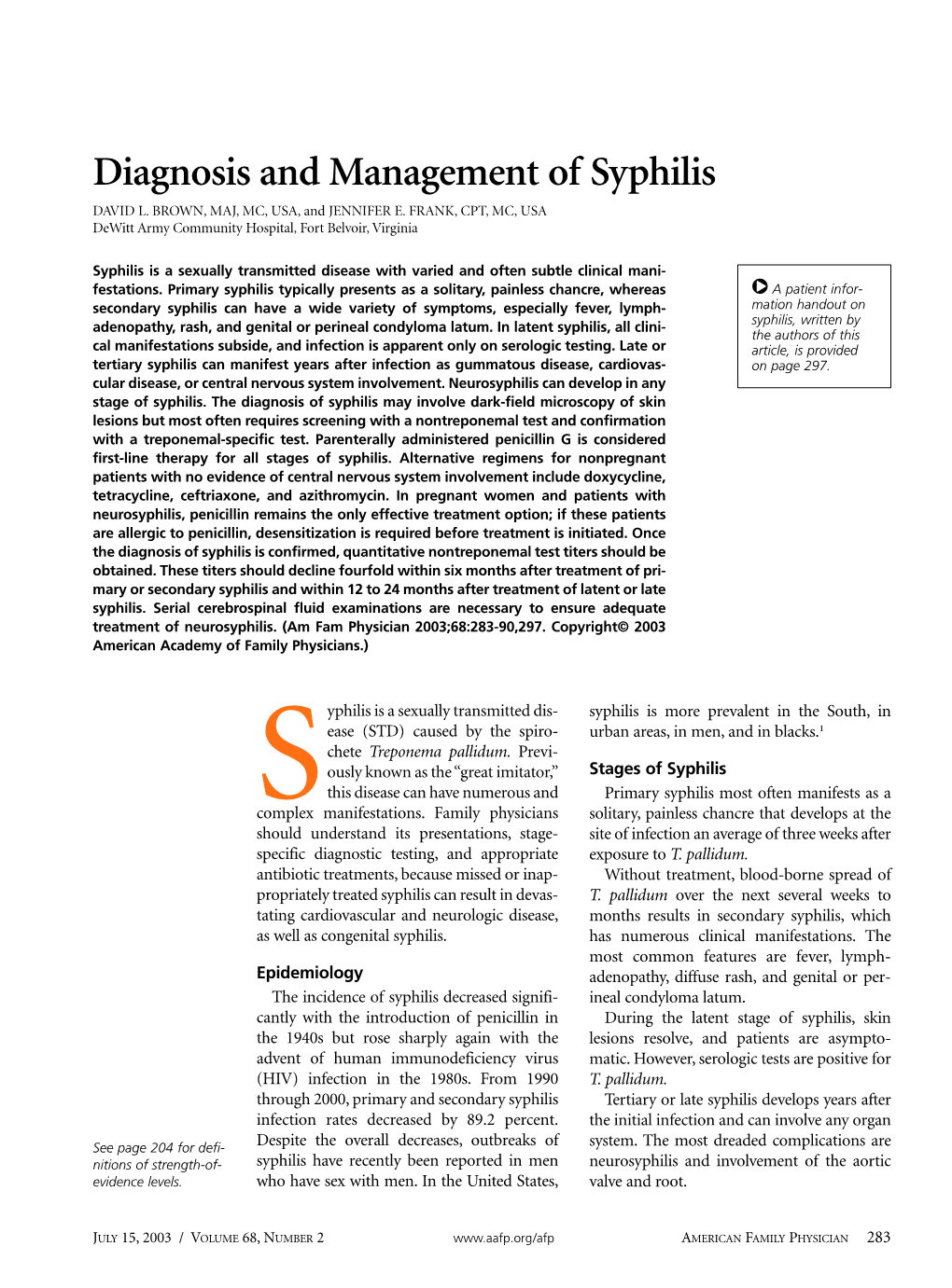 Diagnosis and Management of Syphilis DAVID L