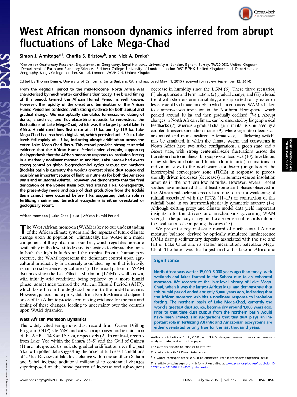 West African Monsoon Dynamics Inferred from Abrupt Fluctuations of Lake Mega-Chad