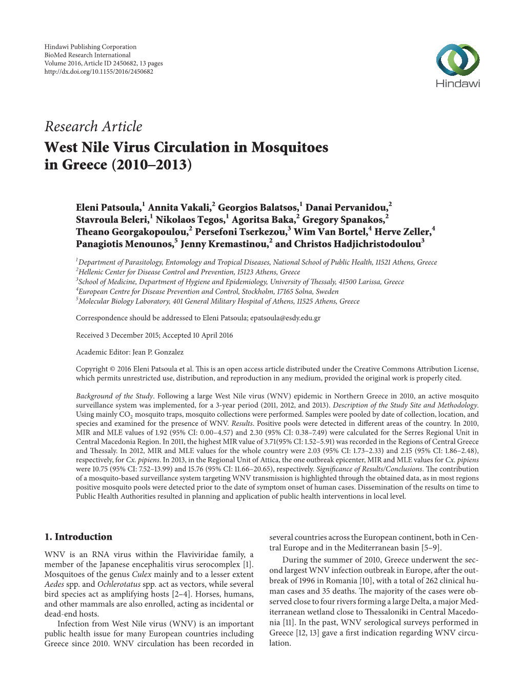 West Nile Virus Circulation in Mosquitoes in Greece (2010–2013)