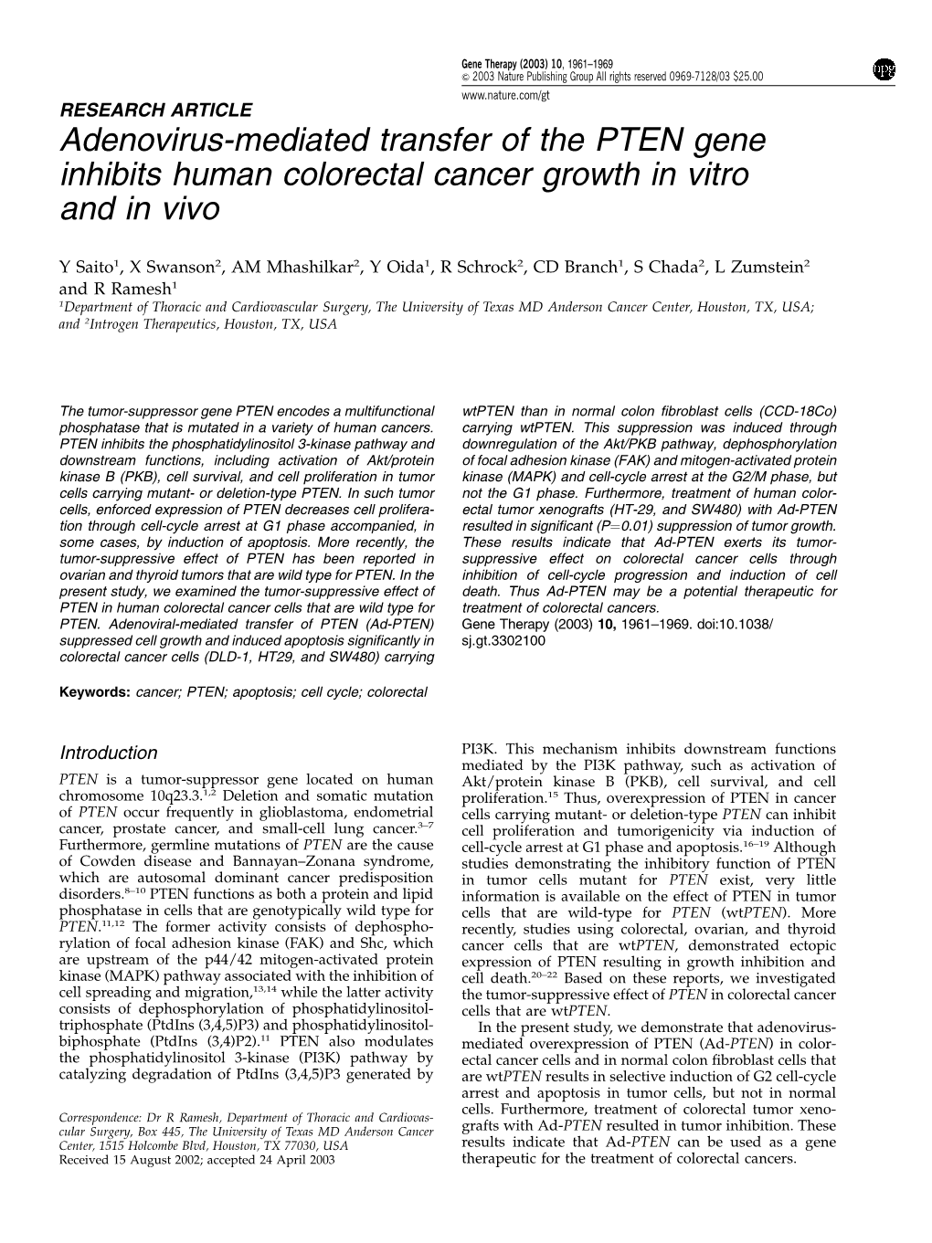 Adenovirus-Mediated Transfer of the PTEN Gene Inhibits Human Colorectal Cancer Growth in Vitro and in Vivo