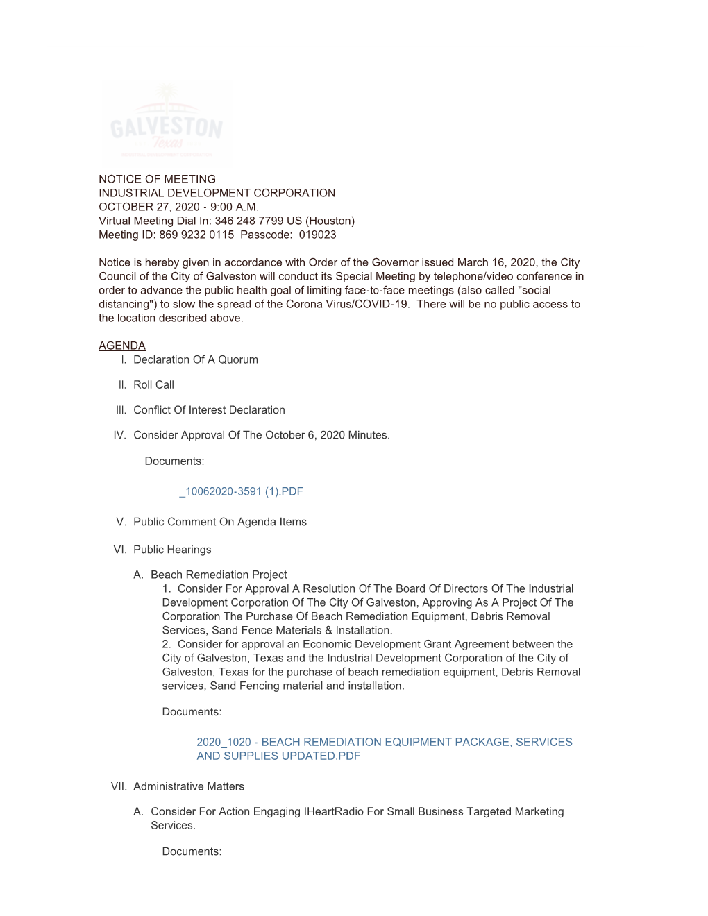 Notice of Meeting Industrial Development Corporation October 27, 2020 - 9:00 A.M