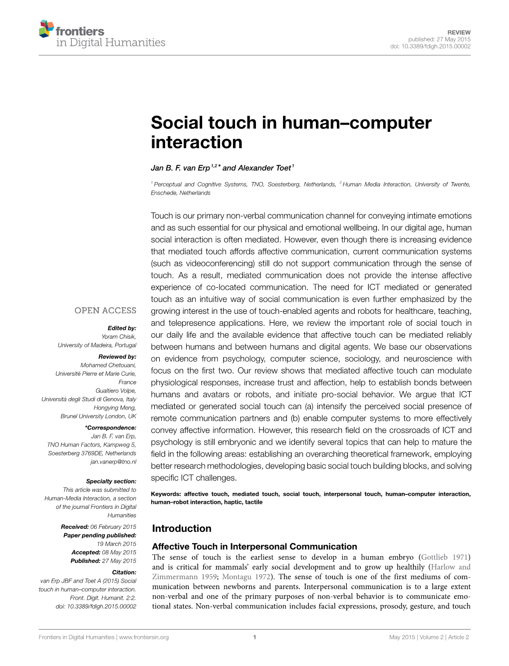 Social Touch in Human–Computer Interaction