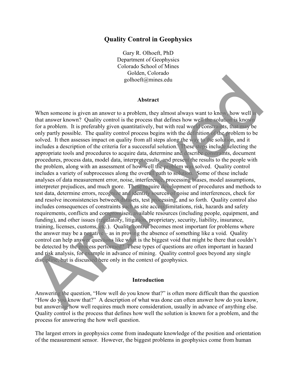 Archived: Quality Control in Geophysics