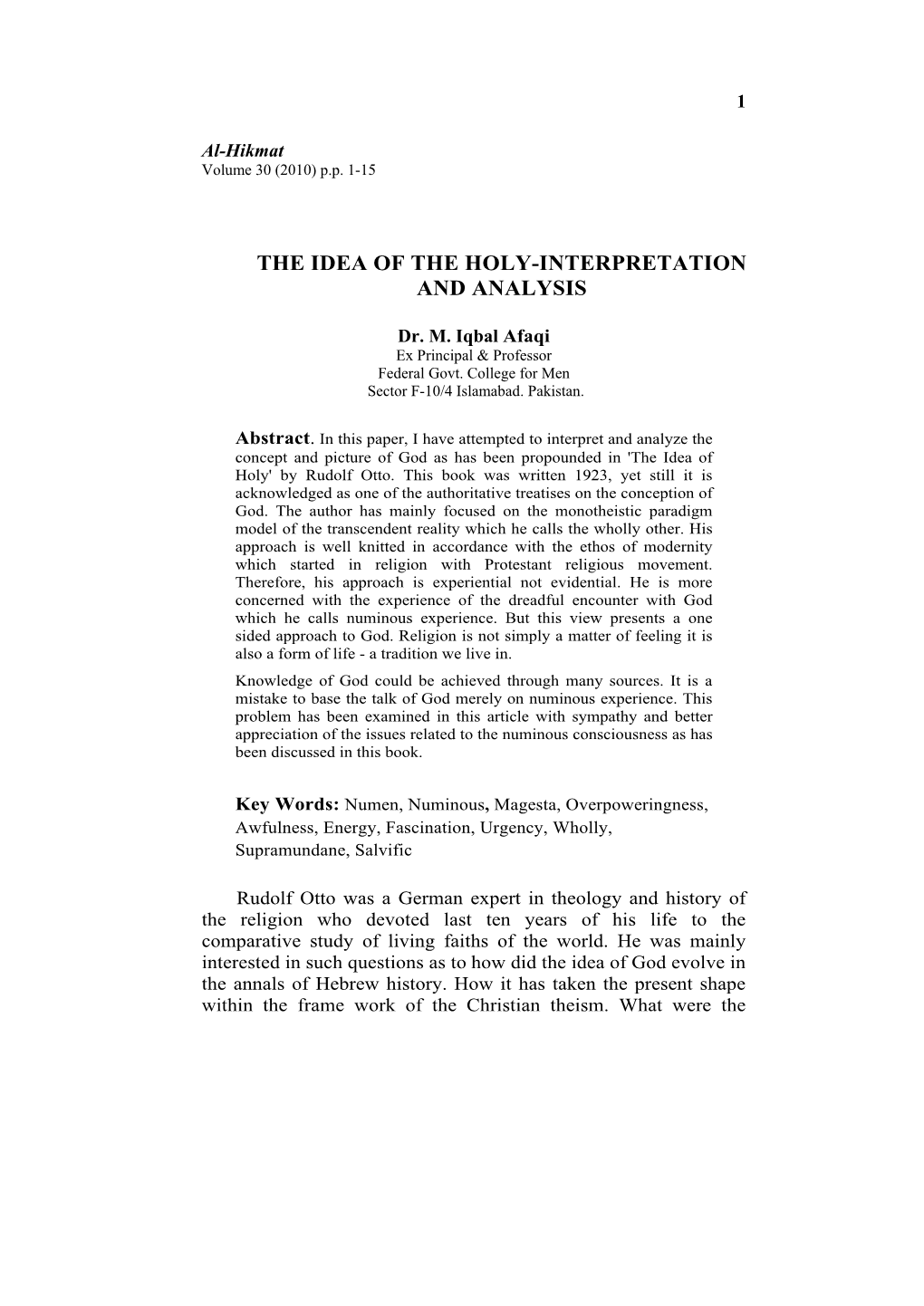 The Idea of the Holy –Interpretation and Analysis by Dr. Iqbal Afaqi