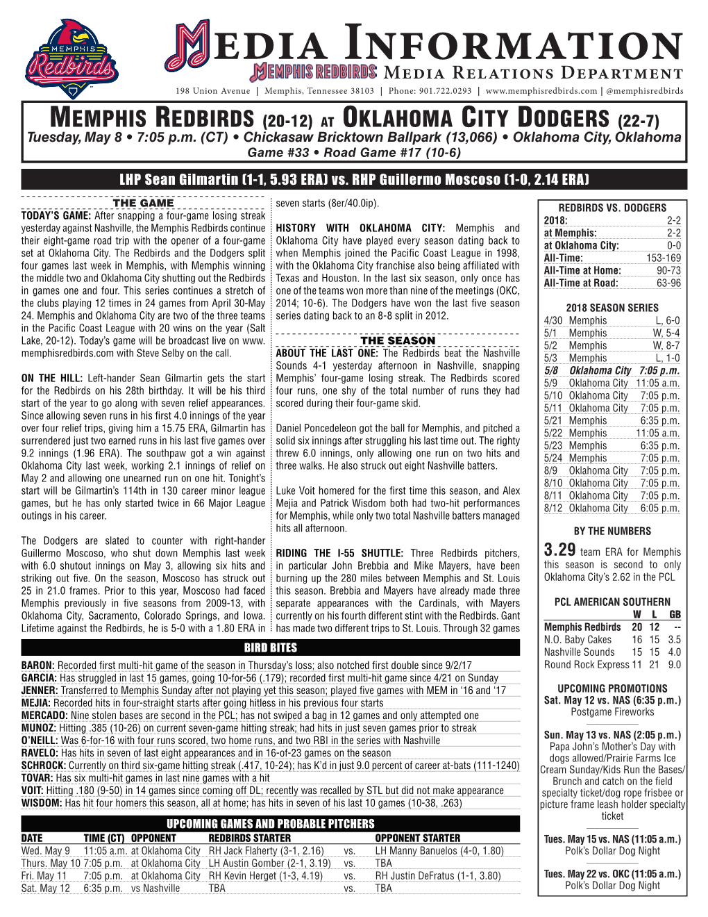 Edia Informationmedia Relations Department 198 Union Avenue | Memphis, Tennessee 38103 | Phone: 901.722.0293 | | @Memphisredbirds