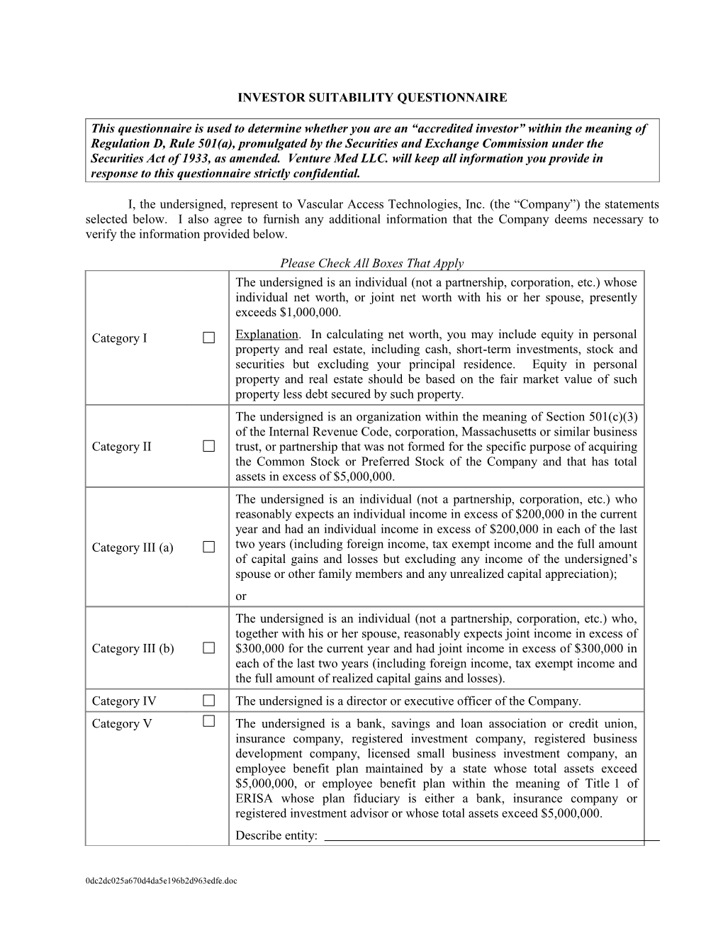 Investor Suitability Questionnaire