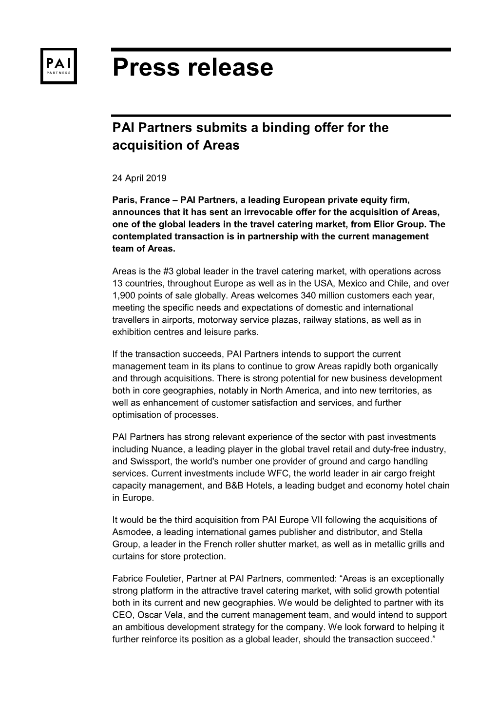 Press Release PAI Partners Submits a Binding Offer for the Acquisition Of