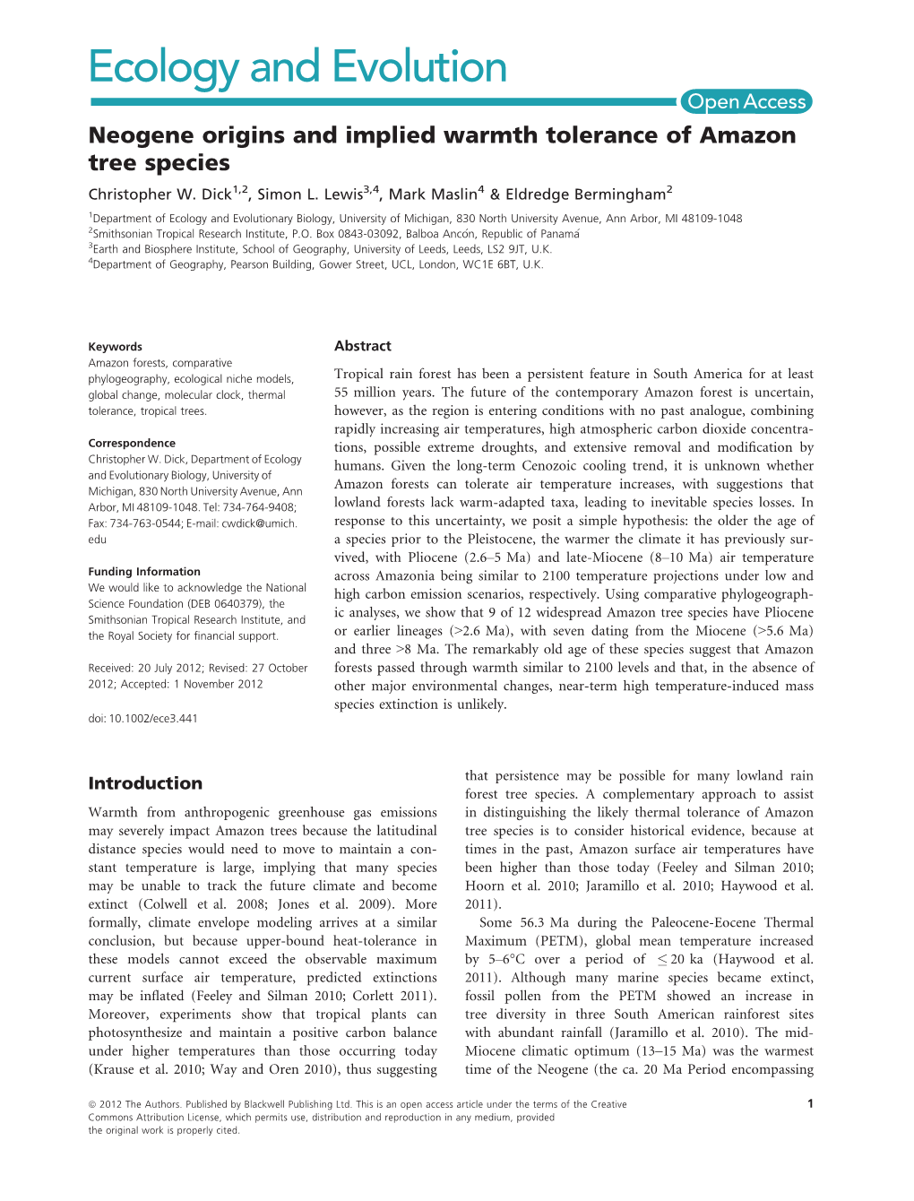 Neogene Origins and Implied Warmth Tolerance of Amazon Tree Species Christopher W