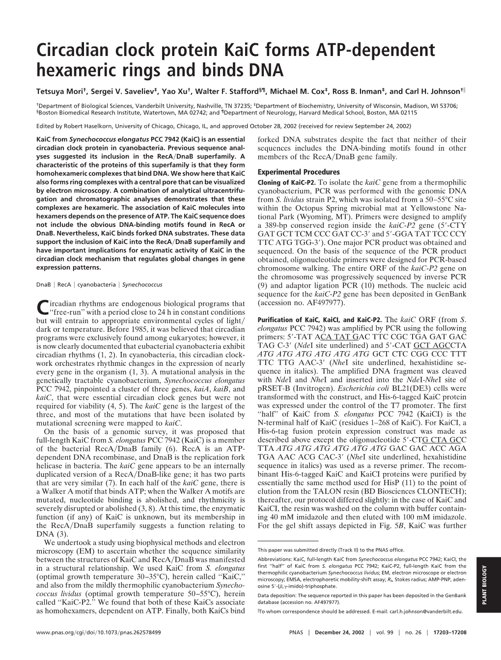 Circadian Clock Protein Kaic Forms ATP-Dependent Hexameric Rings and Binds DNA