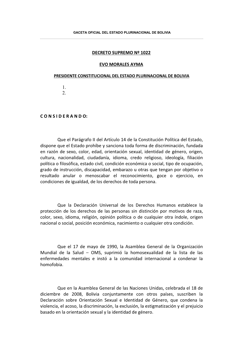 Decreto Supremo Nº 1022 Evo Morales Ayma