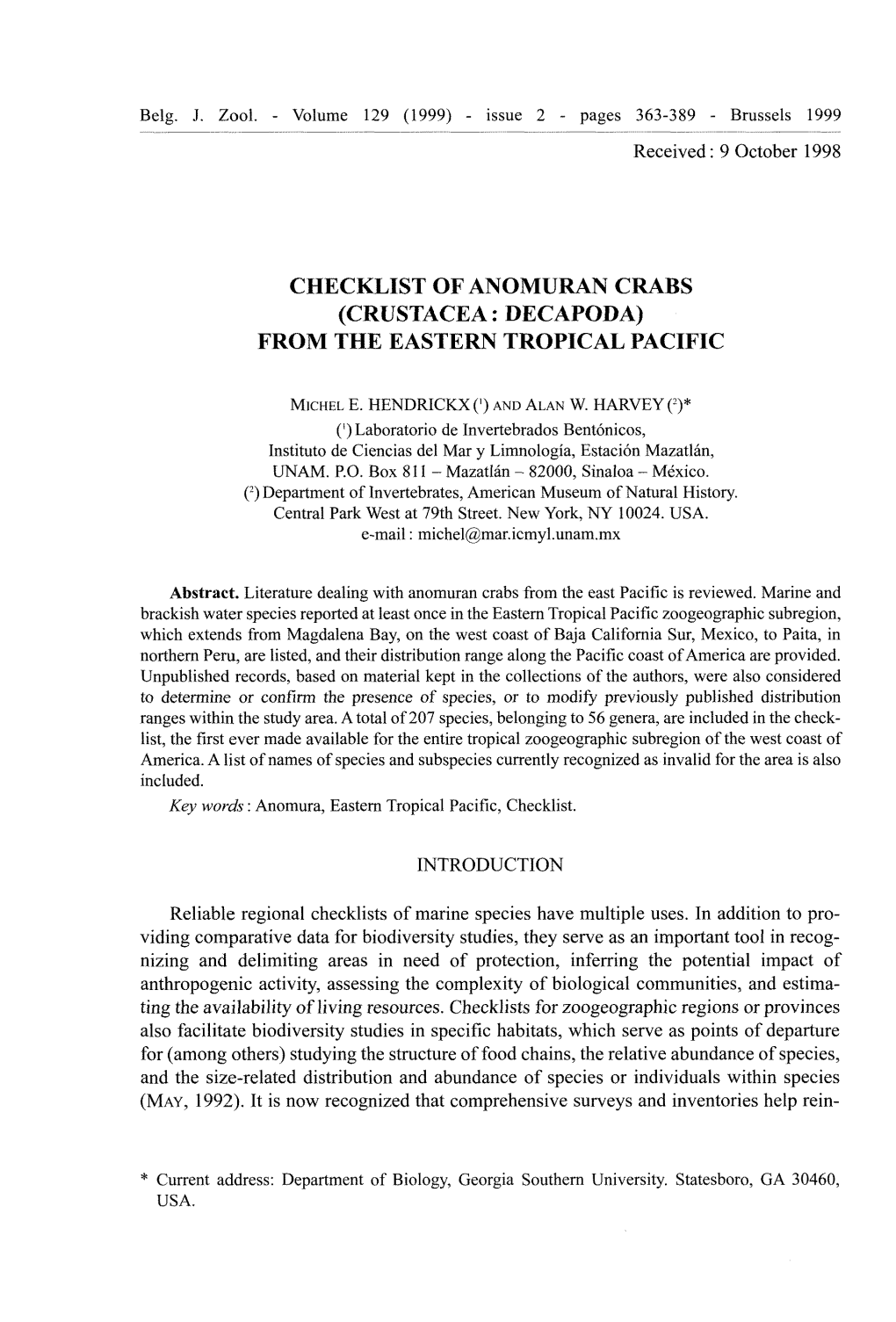 Checklist of Anomuran Crabs (Crustacea: Decapoda) from the Eastern Tropical Pacific