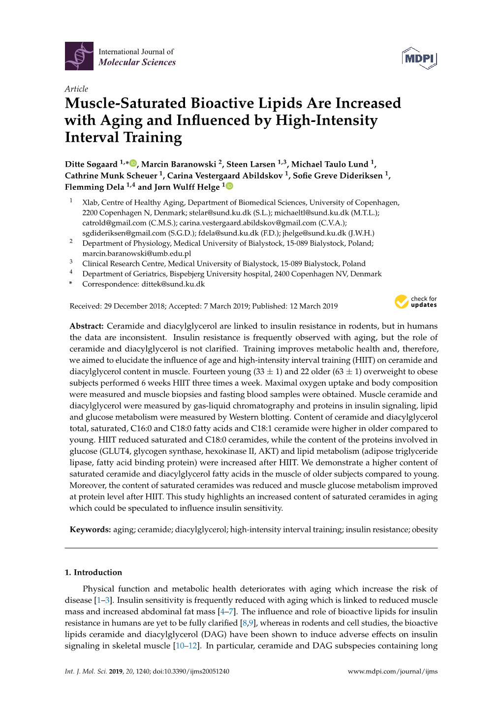 Muscle-Saturated Bioactive Lipids Are Increased with Aging and Inﬂuenced by High-Intensity Interval Training