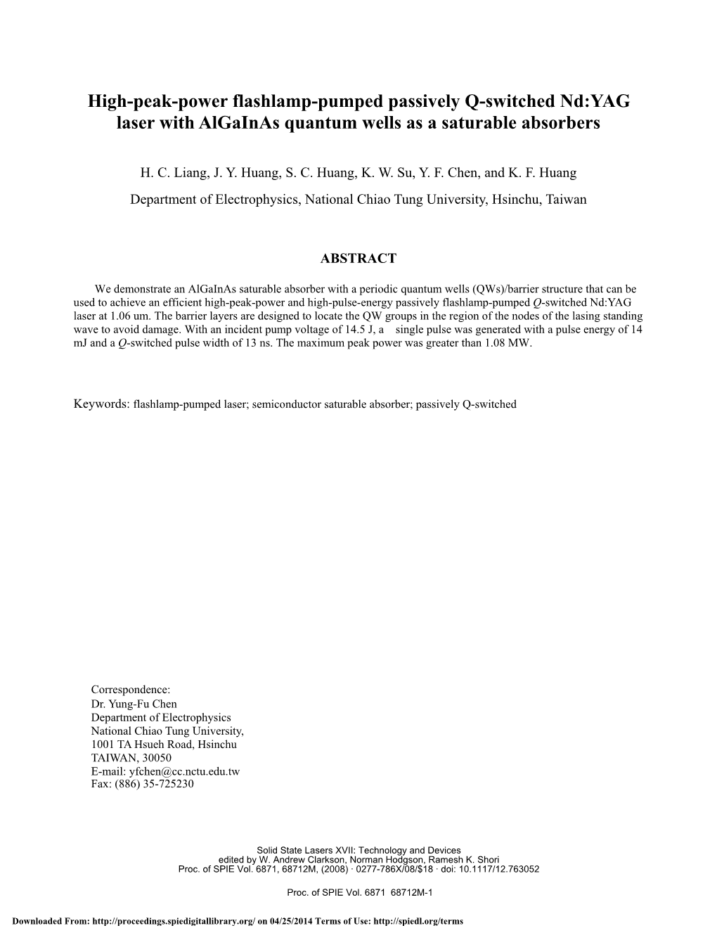 High-Peak-Power Flashlamp-Pumped Passively Q-Switched Nd:YAG Laser with Algainas Quantum Wells As a Saturable Absorbers