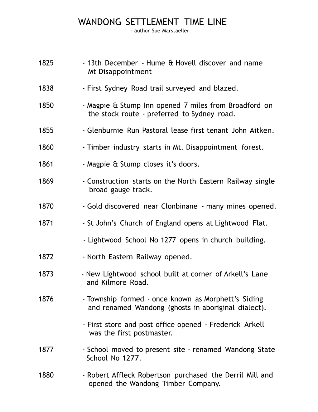 WANDONG SETTLEMENT TIME LINE – Author Sue Marstaeller