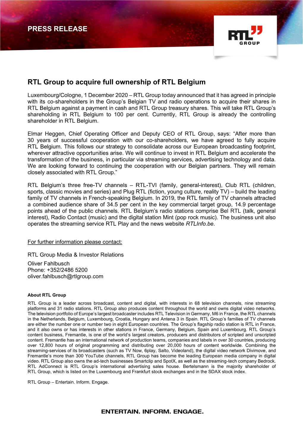 RTL Group Press Release
