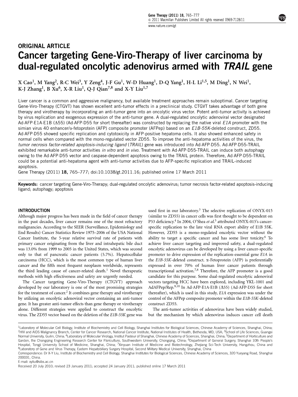 Cancer Targeting Gene-Viro-Therapy of Liver Carcinoma by Dual-Regulated Oncolytic Adenovirus Armed with TRAIL Gene