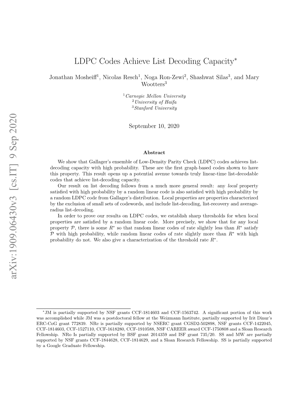 LDPC Codes Achieve List Decoding Capacity∗