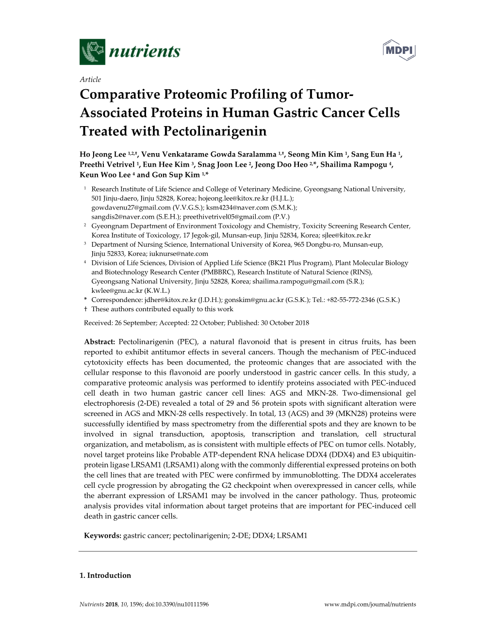 Associated Proteins in Human Gastric Cancer Cells Treated with Pectolinarigenin