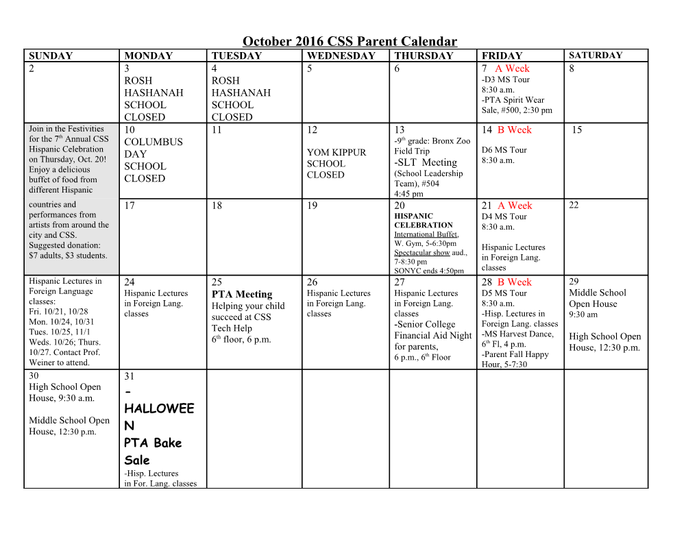 OCTOBER 2009 PS 163 Parent Event Calendar