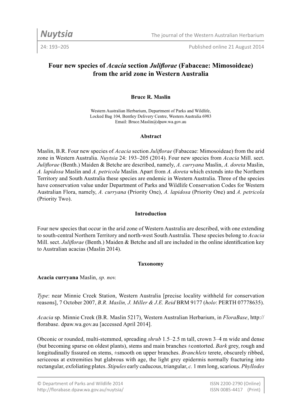 Nuytsia the Journal of the Western Australian Herbarium 24: 193–205 Published Online 21 August 2014