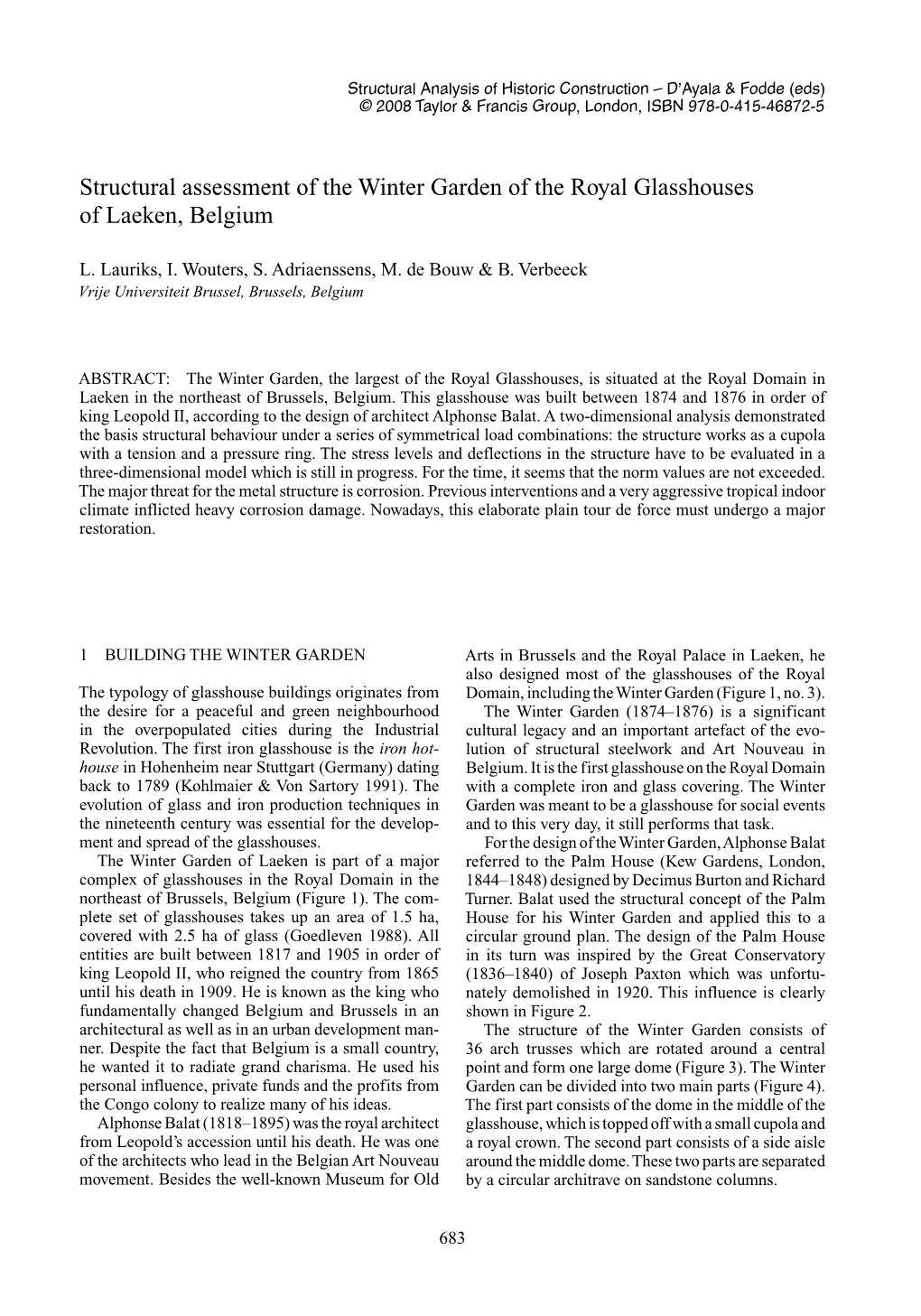 Structural Assessment of the Winter Garden of the Royal Glasshouses of Laeken, Belgium