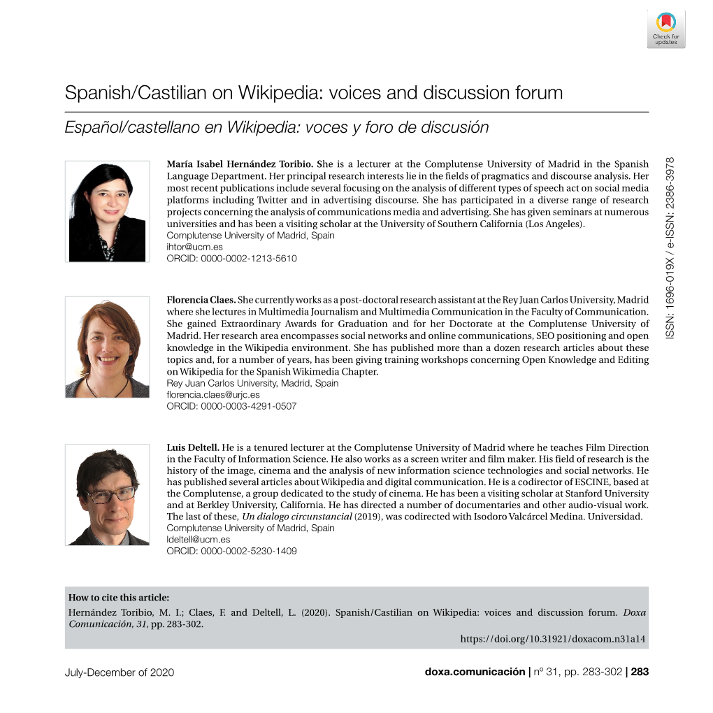 Spanish/Castilian on Wikipedia: Voices and Discussion Forum Español/Castellano En Wikipedia: Voces Y Foro De Discusión