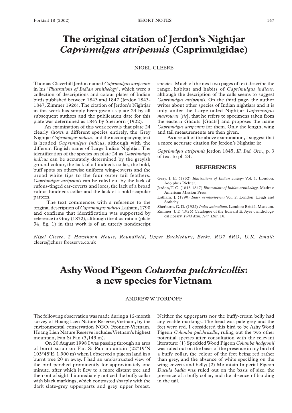 Ashy Wood Pigeon Columba Pulchricollis: a New Species for Vietnam