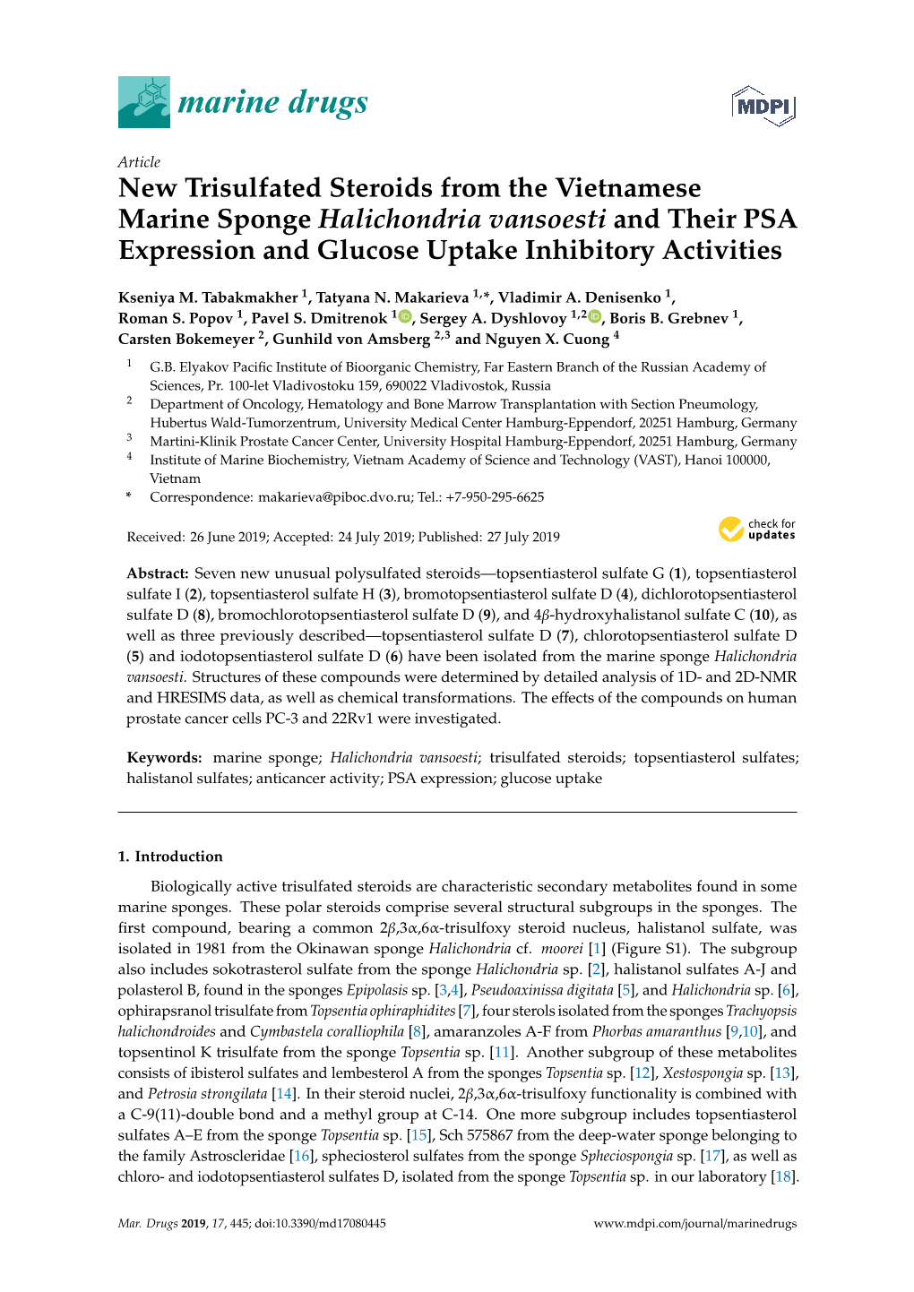 New Trisulfated Steroids from the Vietnamese Marine Sponge Halichondria Vansoesti and Their PSA Expression and Glucose Uptake Inhibitory Activities