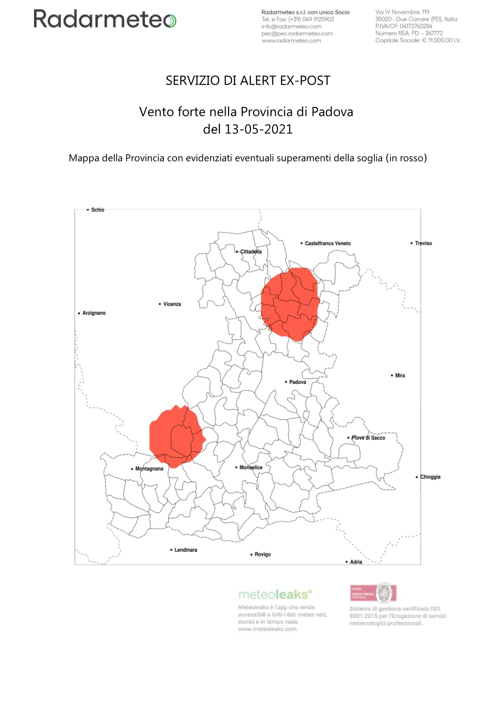 SERVIZIO DI ALERT EX-POST Vento Forte Nella Provincia Di Padova