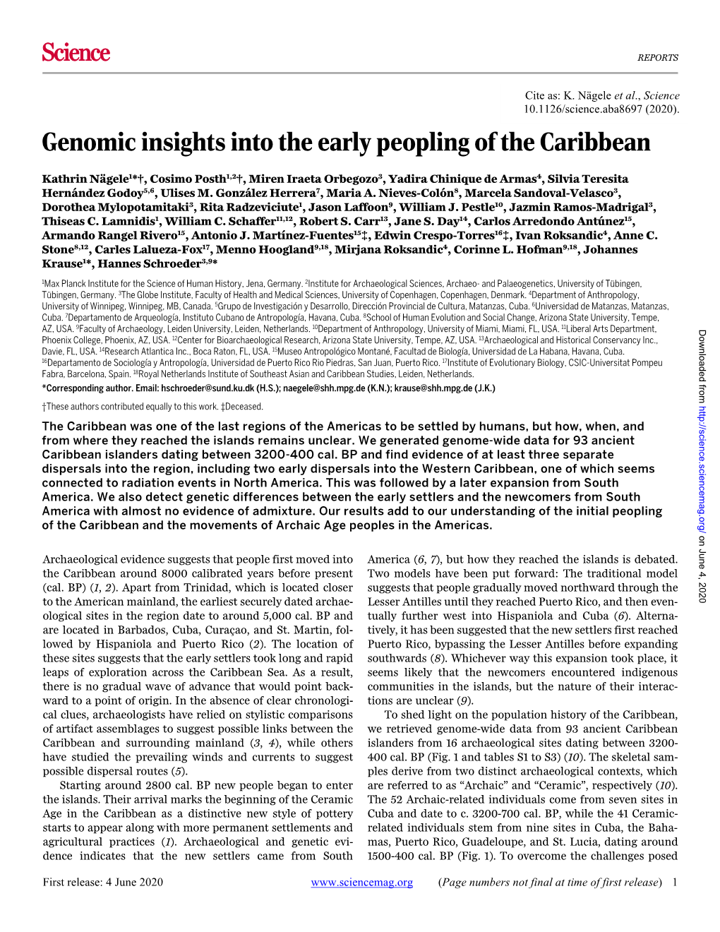 Genomic Insights Into the Early Peopling of the Caribbean