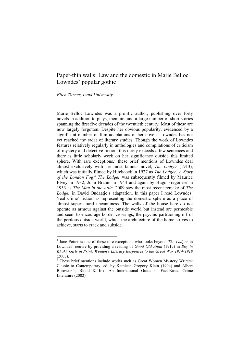 Law and the Domestic in Marie Belloc Lowndes' Popular Gothic