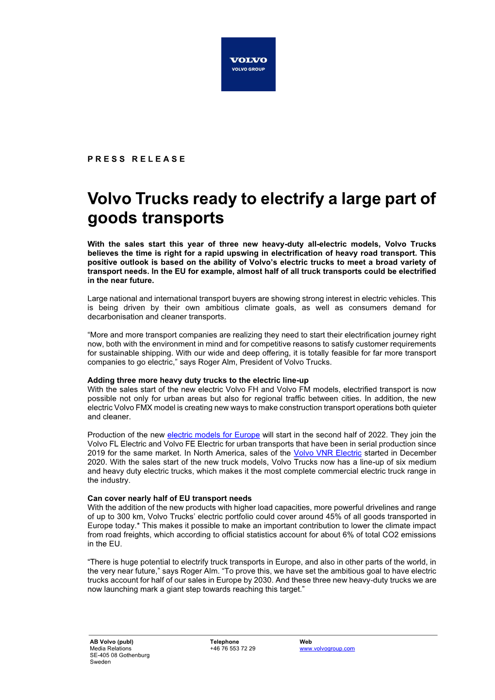 Volvo Trucks Ready to Electrify a Large Part of Goods Transports