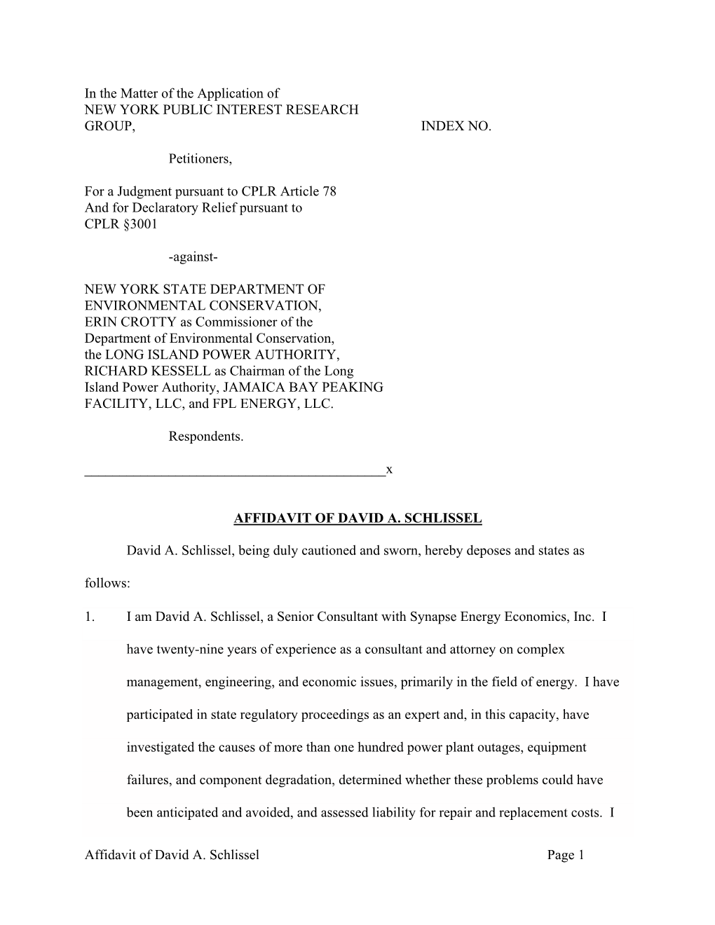 Affidavit of David A. Schlissel Page 1 in the Matter of the Application of NEW YORK PUBLIC INTEREST RESEARCH GROUP, INDEX NO. Pe