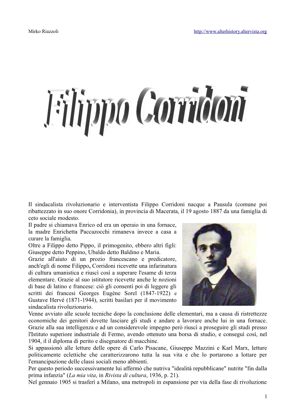 Il Sindacalista Rivoluzionario E Interventista Filippo Corridoni