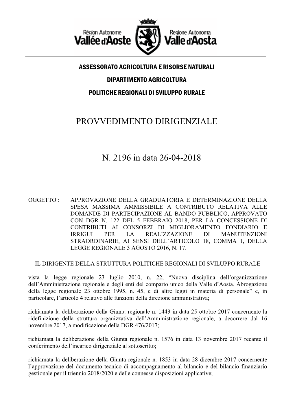 PROVVEDIMENTO DIRIGENZIALE N. 2196 in Data 26-04-2018