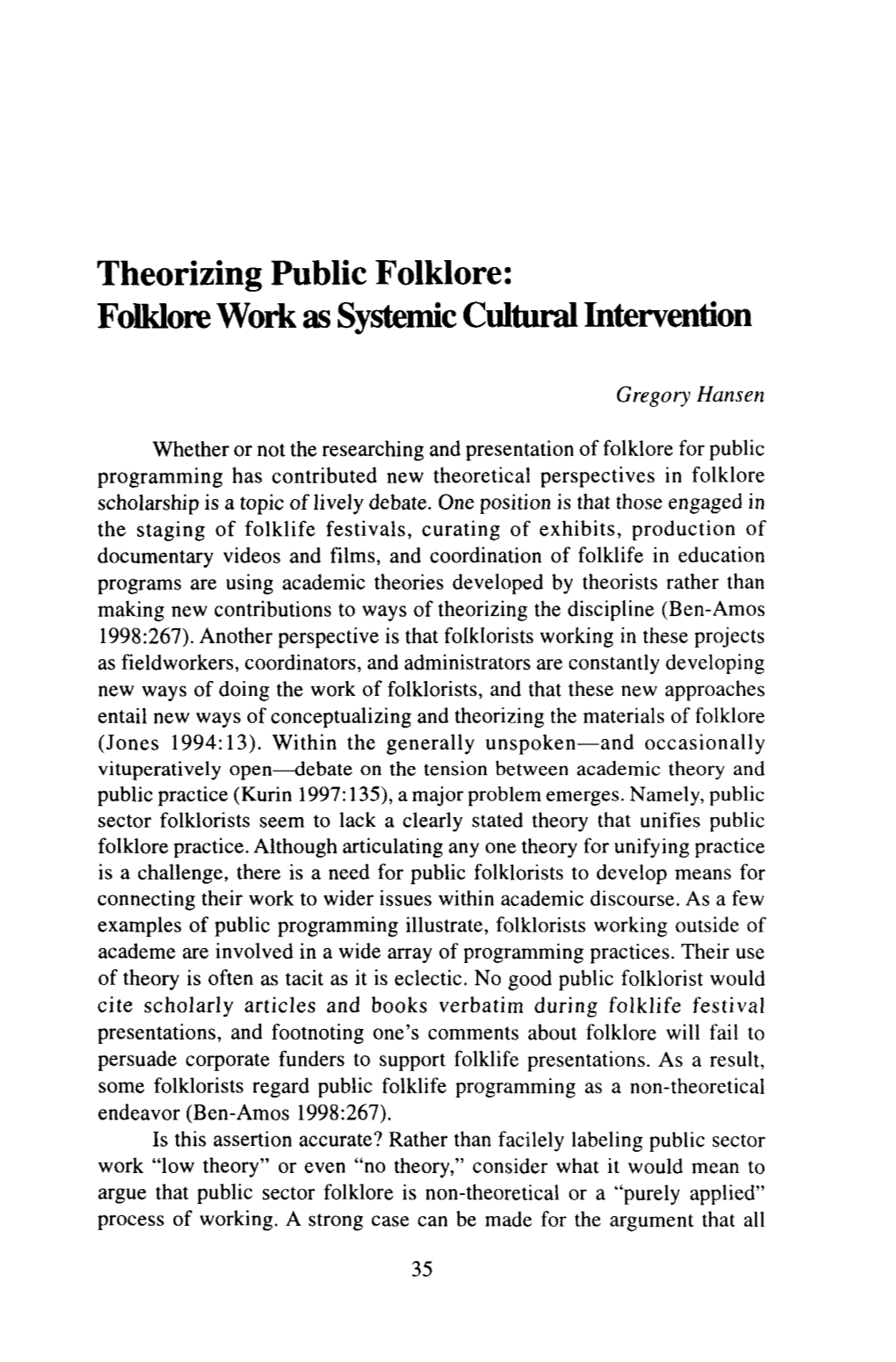 Theorizing Public Folklore: Folklore Work As Systemic Cultural Intervention