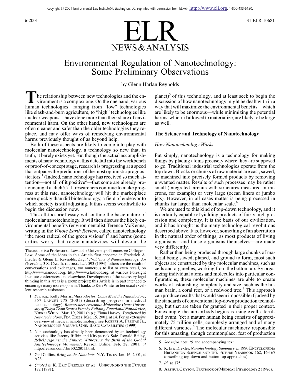 Environmental Regulation of Nanotechnology: Some Preliminary Observations NEWS&ANALYSIS