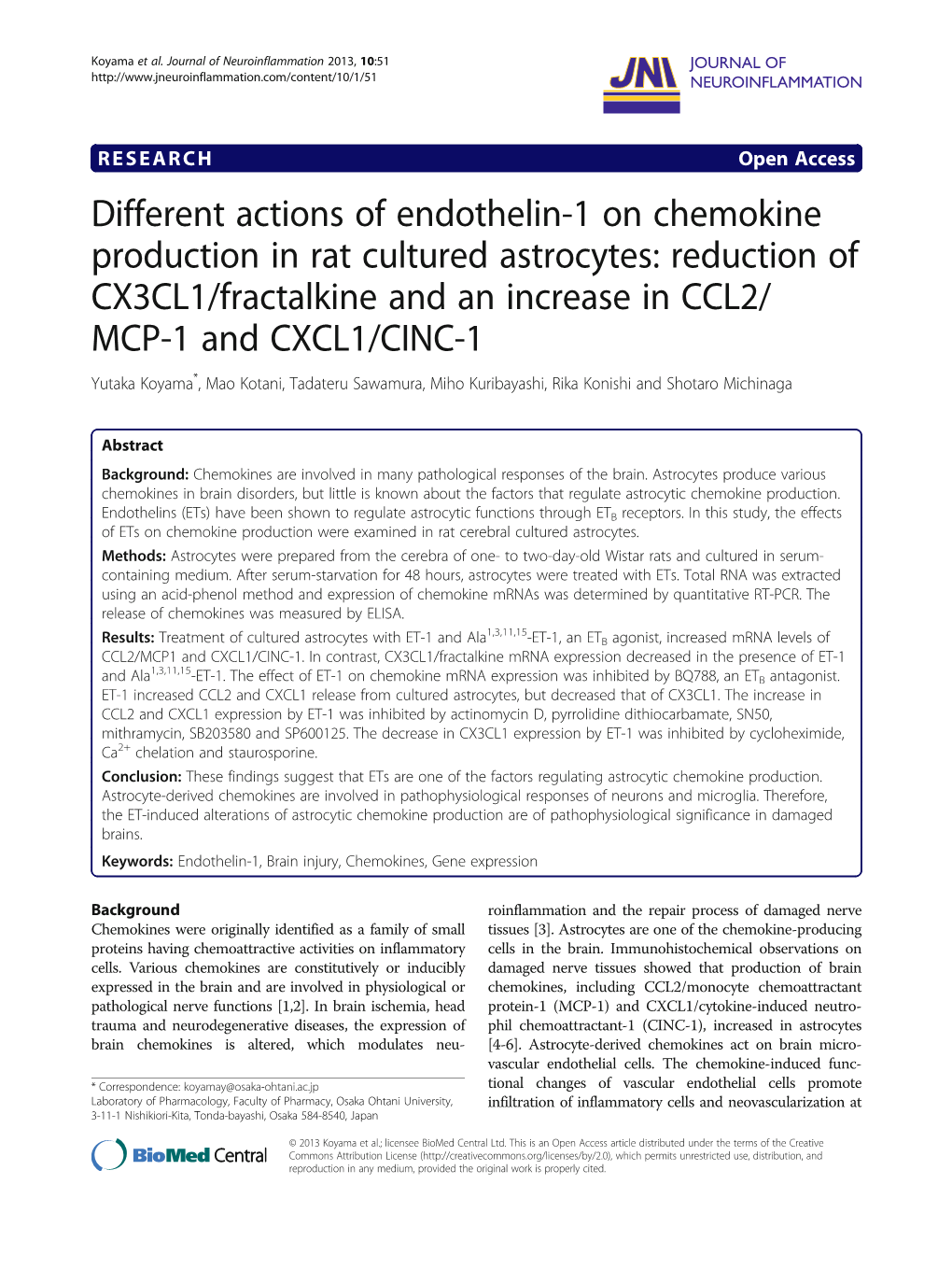 Different Actions of Endothelin-1 on Chemokine Production in Rat Cultured Astrocytes: Reduction of CX3CL1/Fractalkine and An