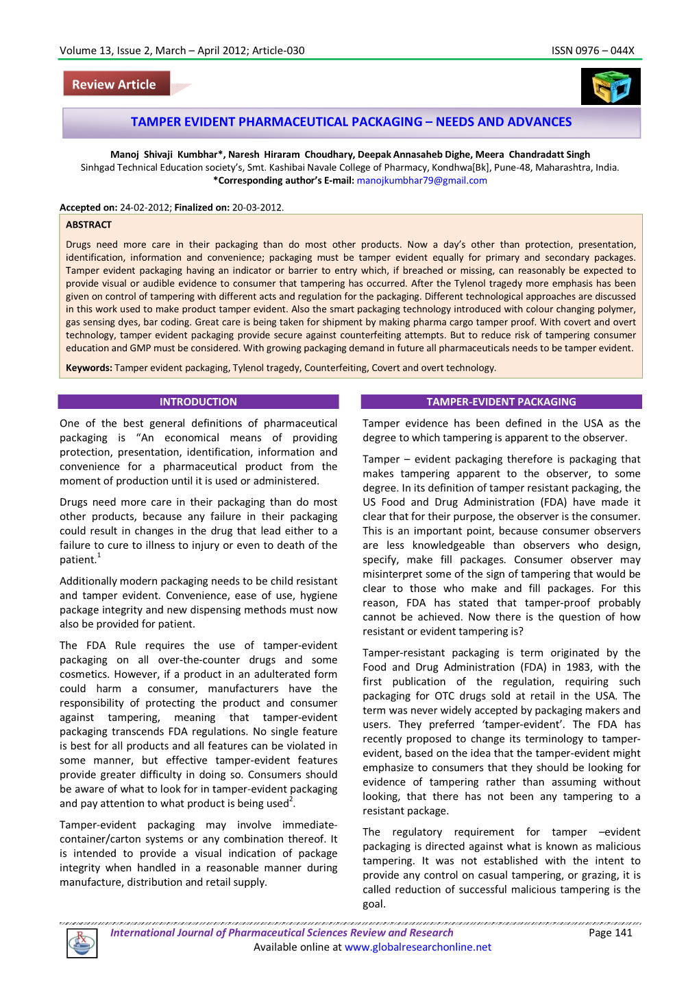 Tamper Evident Pharmaceutical Packaging – Needs and Advances