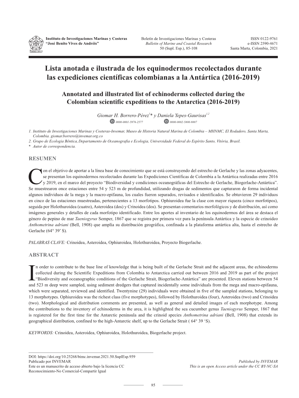 Lista Anotada E Ilustrada De Los Equinodermos Recolectados Durante Las Expediciones Científicas Colombianas a La Antártica (2016-2019)