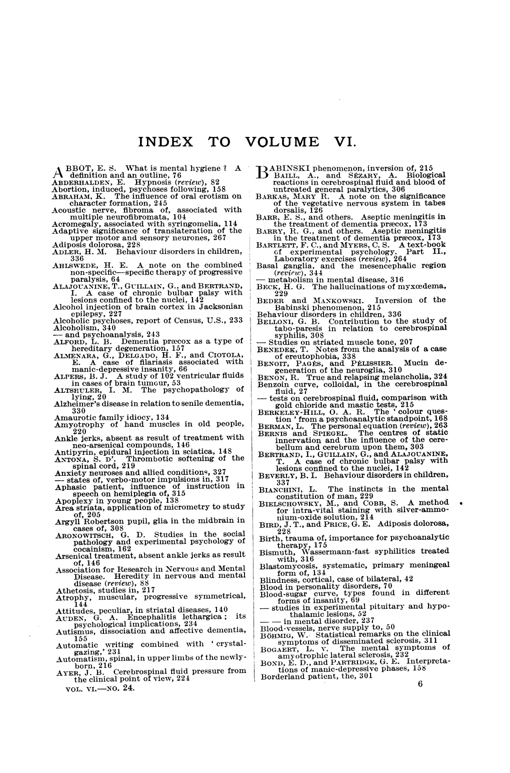 Index to Volume Vi