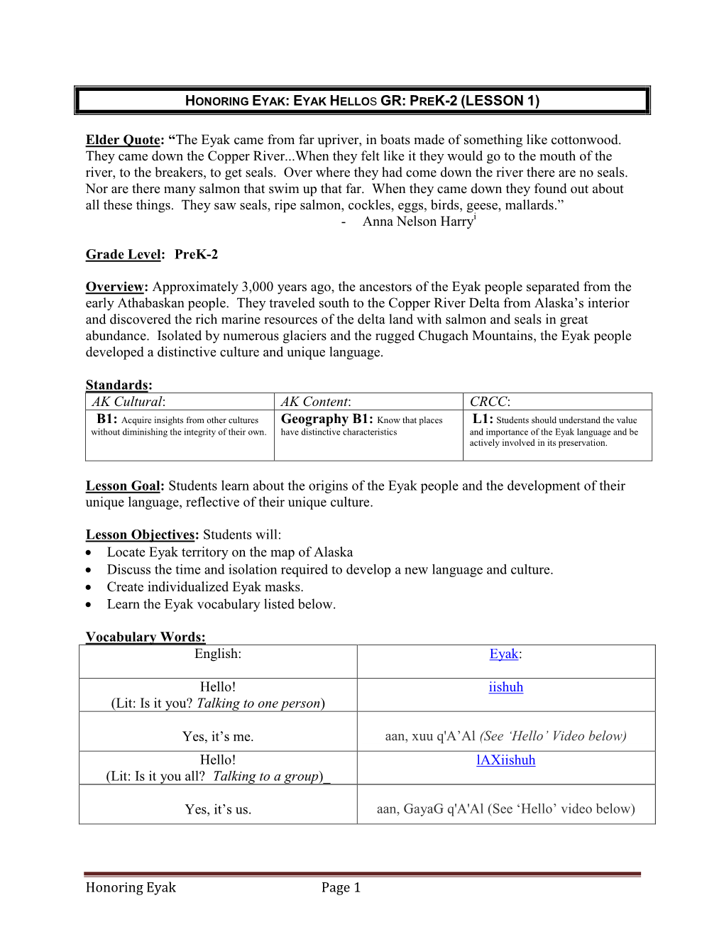 Eyak Hellos Gr: Prek-2 (Lesson 1)