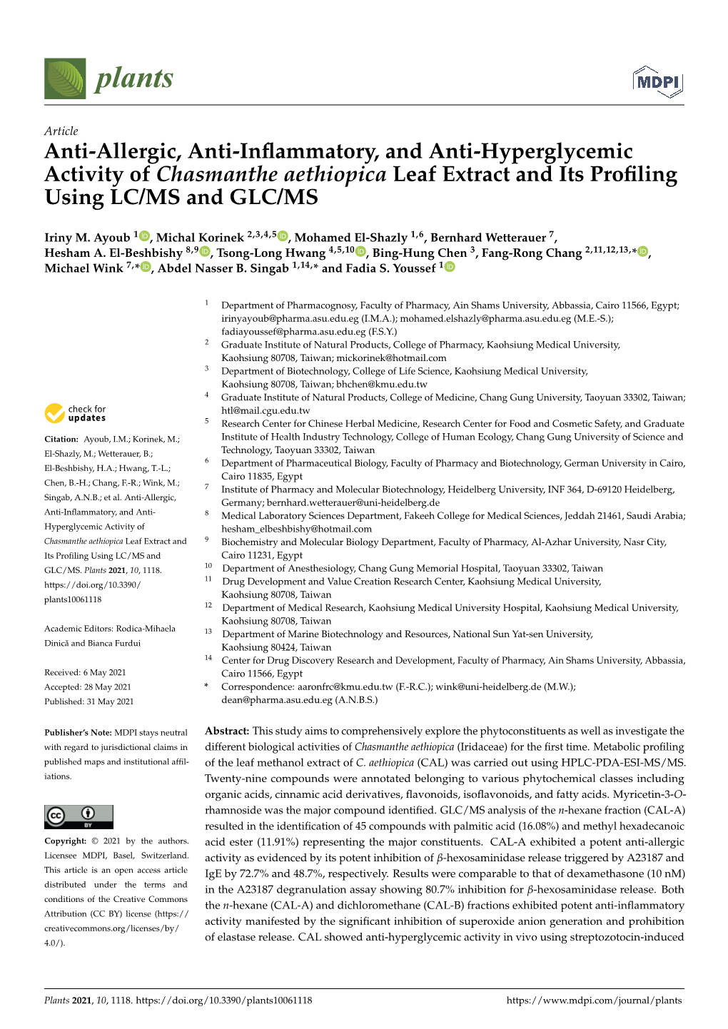 Anti-Allergic, Anti-Inflammatory, and Anti-Hyperglycemic Activity of Chasmanthe Aethiopica Leaf Extract and Its Profiling Using