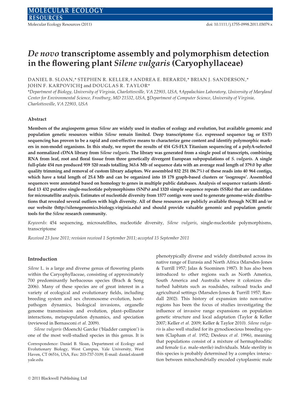 De Novo Transcriptome Assembly and Polymorphism Detection in the ﬂowering Plant Silene Vulgaris (Caryophyllaceae)