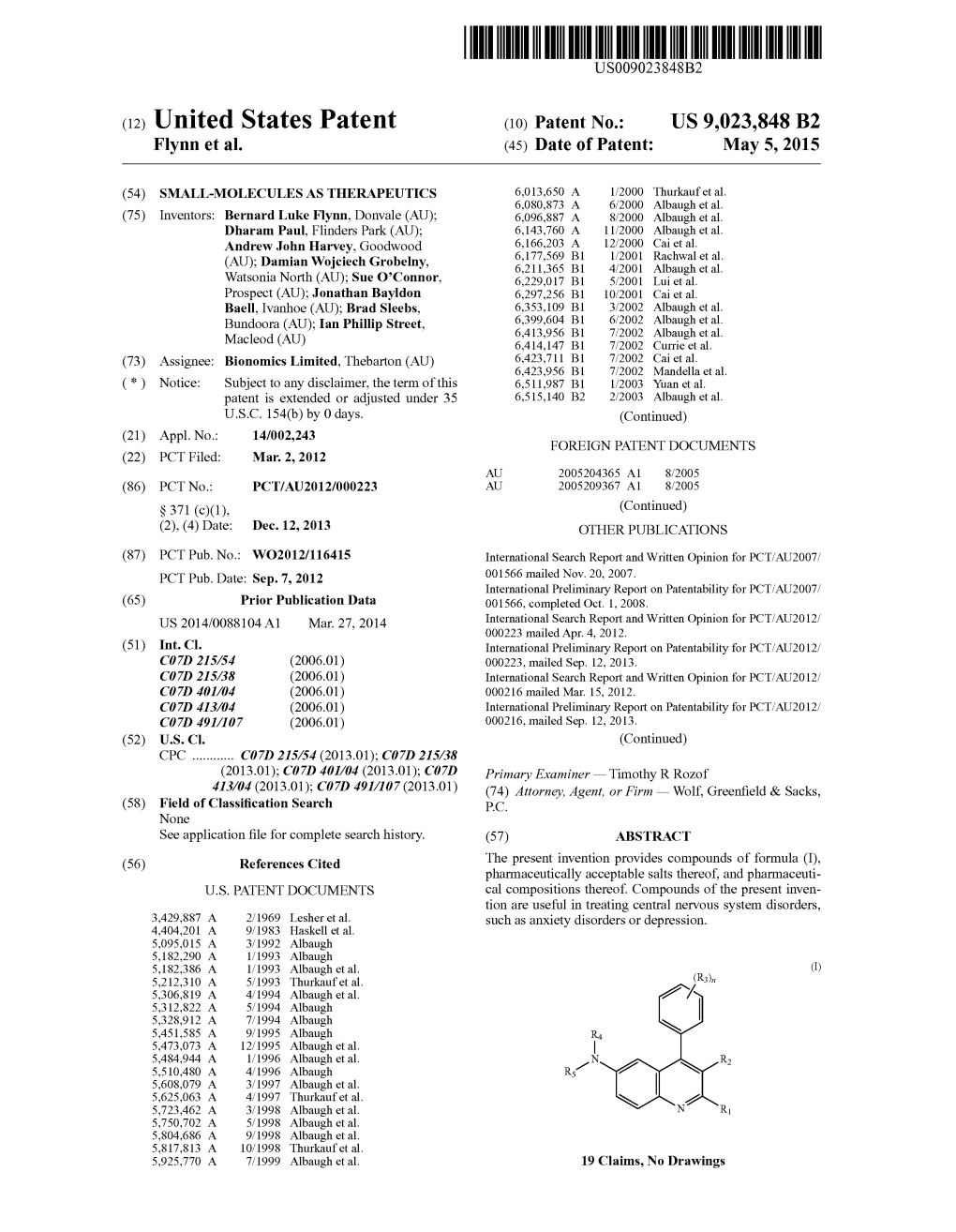 (12) United States Patent (10) Patent No.: US 9,023,848 B2 Flynn Et Al