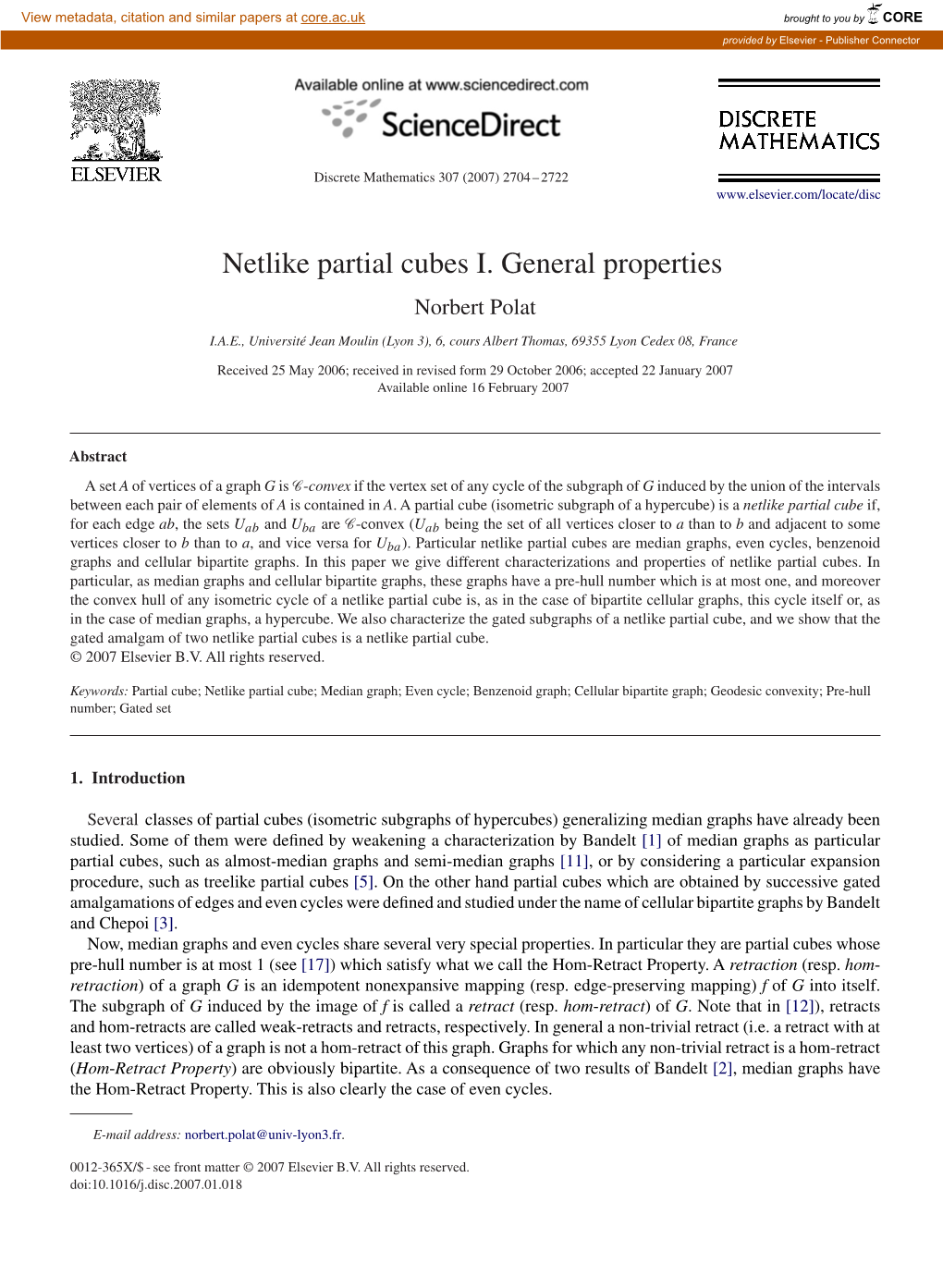Netlike Partial Cubes I. General Properties Norbert Polat