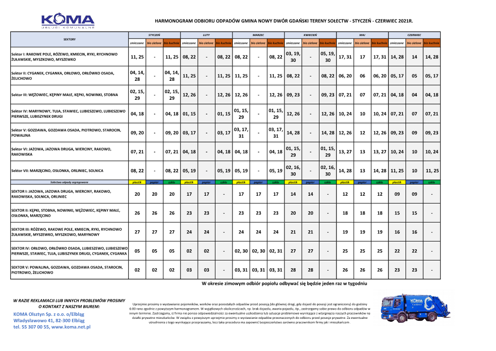 Harmonogram Odbioru Odpadów Gmina Nowy Dwór Gdański Tereny Sołectw - Styczeń - Czerwiec 2021R