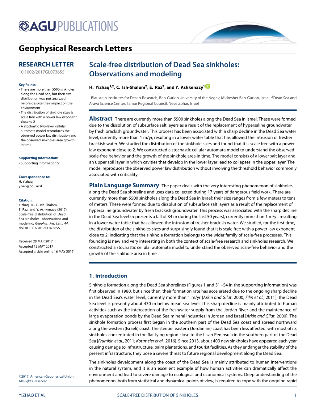 Scale-Free Distribution of Dead Sea Sinkholes-Observations and Modeling