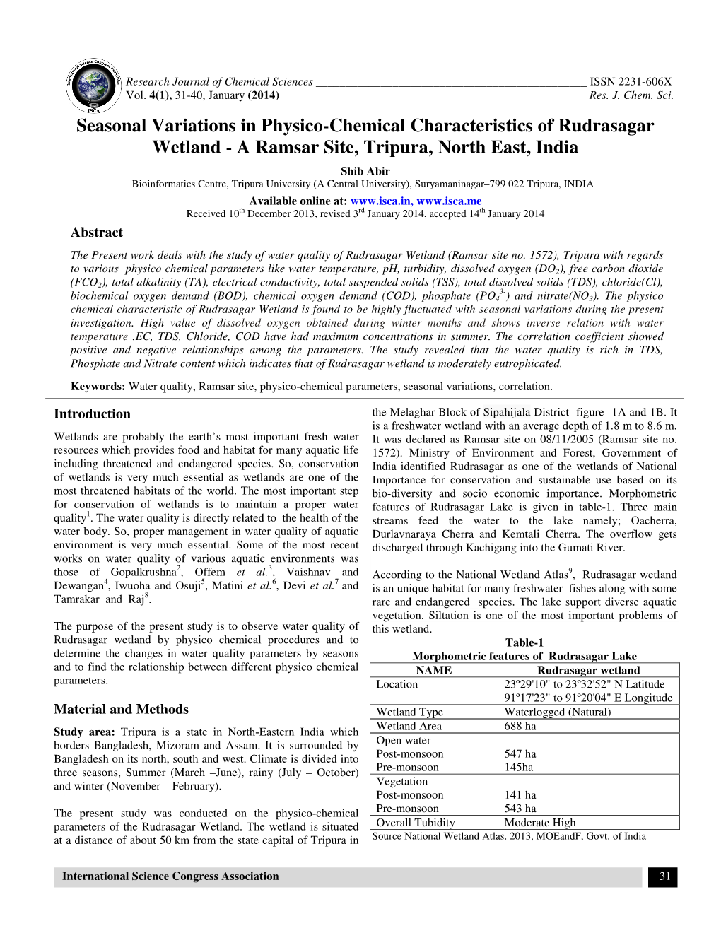 Seasonal Variations in Physico-Chemical Characteristics of Rudrasagar Wetland - a Ramsar Site, Tripura, North East, India