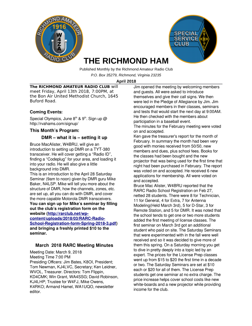 THE RICHMOND HAM Published Monthly by the Richmond Amateur Radio Club P.O